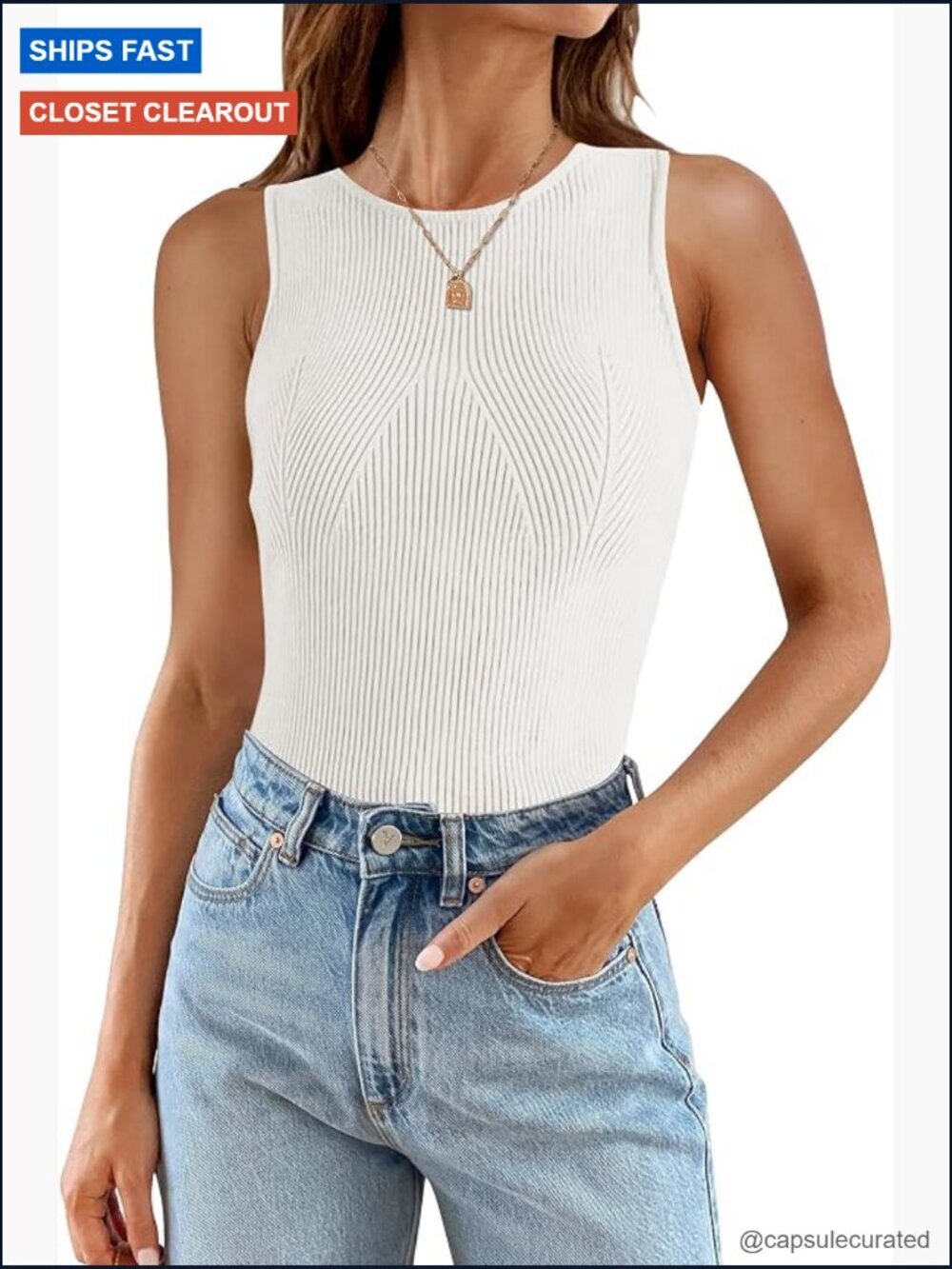 High Neck Ribbed Tank Top Sleeveless Slim Fit Cami Summer Layering Tops